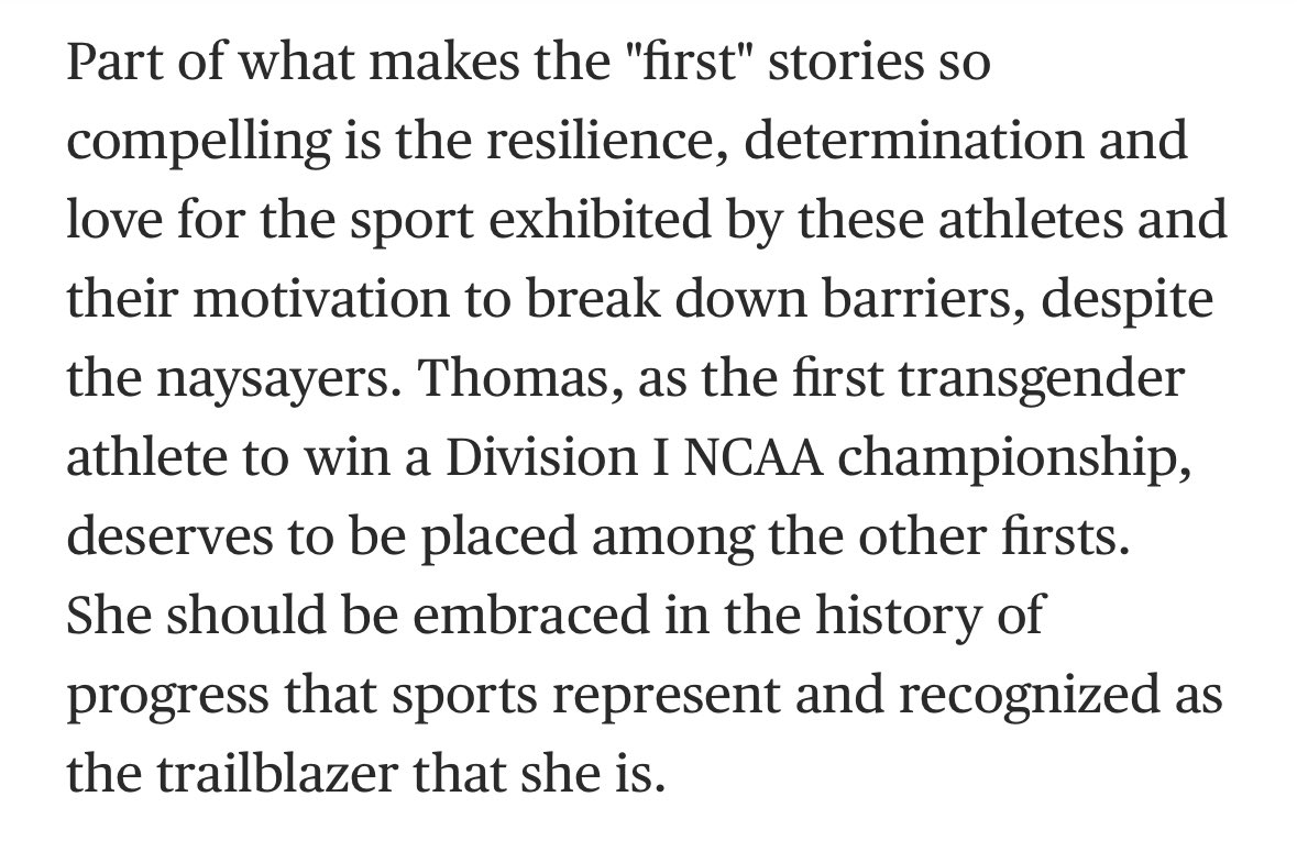 .@jemelehill do you believe an adult male winning an NCAA championship in women’s swimming is 1) good for female sports & 2) equivalent to Jackie Robinson breaking the color line in MLB? Because that’s apparently how “Lia” Thomas and the author of a 2022 NBC News op-ed see it.