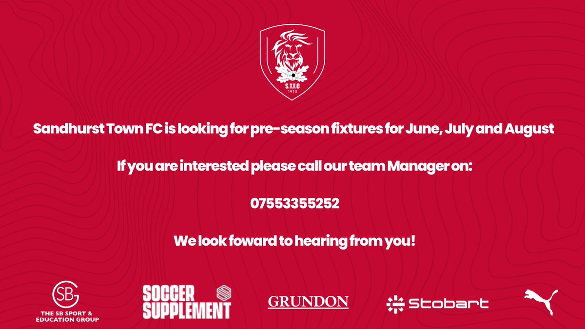 We are looking for Pre-Season Fixtures. Please call Adam Hopkins our Team Manager on: 07553355252