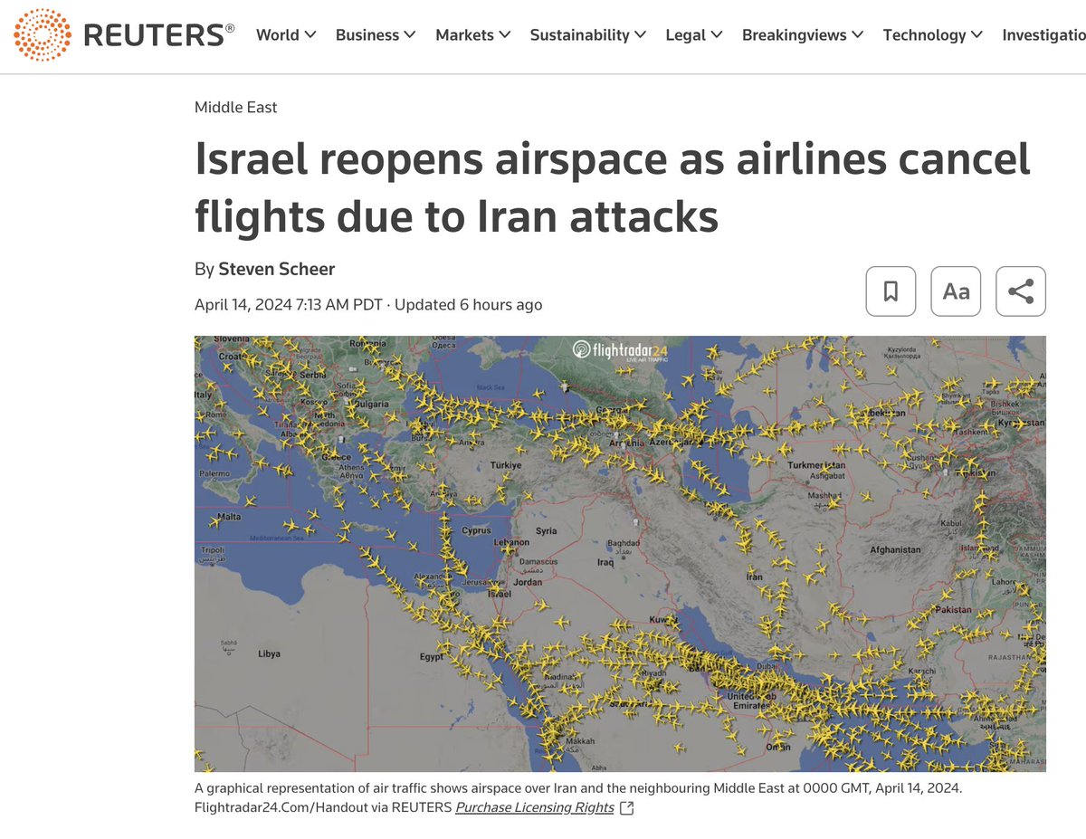 ZTheTrader's tweet photo. 🔴 An update since I posted this almost 24 hours ago.

- No further escalation so far.
- Israel already reopened its airspace and airlines said "operations were returning to normal".
- US told Israel they will not support a counterattack on Iran.
- US taxpayers will likely be giving more money to Israel when the House introduces new aid bill in the coming days.

For those who were questioning  my assessment of the "face-saving" nature of Iran's attack as some quirky idea, watch this video of Trump explaining this exact same scenario when Soleimani was killed 4 years ago. Iran had to "retaliate" but it was the most telegraphed, harmless retaliation...sound familiar?

Also interesting that few large finance influencers who brainlessly tweeted, "Crash coming! WWIII!" strangely and suddenly developed a more nuanced take after my tweet. I won't name names but you see them.