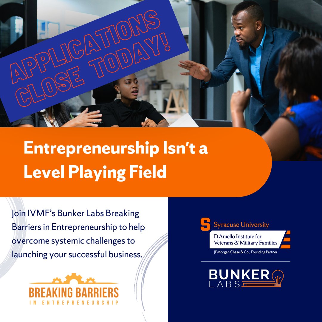 Last chance to sign up for the next @IVMFSyracuseU Bunker Labs' #BreakingBarriers in Entrepreneurship program! It is designed specifically for AAPI, Black, Latinx, and female #veteran or #MilitarySpouse entrepreneurs. Apply now: bunkerlabs.org/breaking-barri…