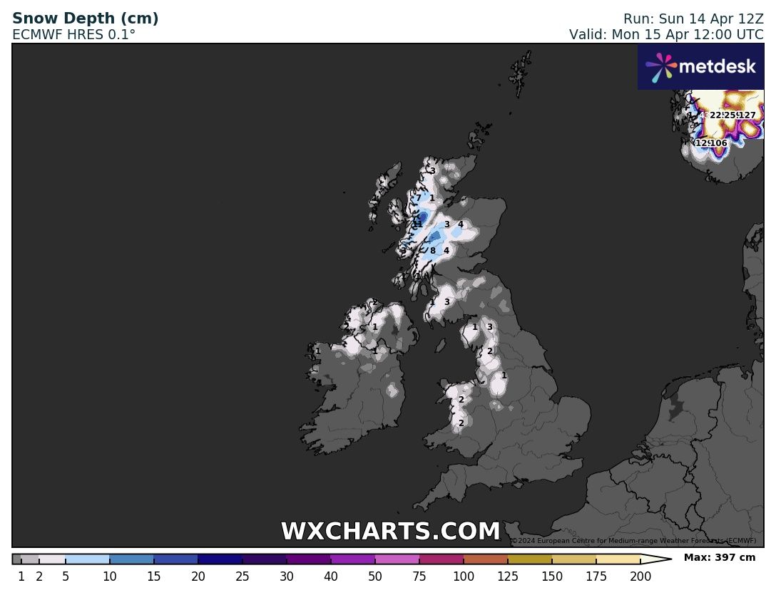 MONDAY Low pressure in charge with strong and gusty (40mph) winds especially during the showers which will be beefy with hail & possible thunder & lightning. Airmass cold enough for the showers to fall as snow on the tops. Feeling cold for mid-April. Max 8°C Min 4°C