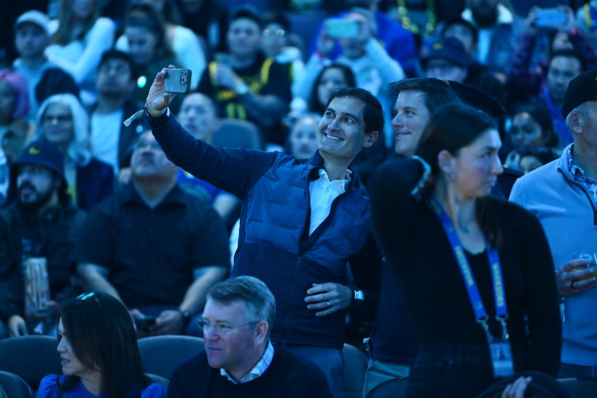 Oakland Athletics president Dave Kaval takes a selfie while sitting courtside while attending the Golden State Warriors vs. Utah Jazz NBA game at Chase Center in San Francisco, Calif., on Sunday, April 14, 2024. #rootedinoakland #oaklandathletics #athletics