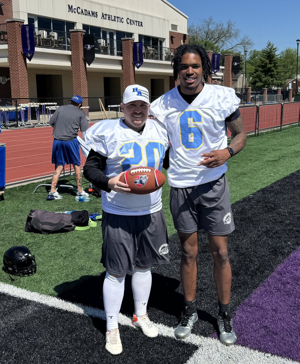 Don’t ever give up on your dreams. Training Camp 2024 🏈 @NashvilleKatsFB | @OfficialAFL Pictured here: Two Ball State grads - @yoheinzz (2022) & @TeamJacksonKick (2007). Felt good to get back out there and compete. #BallState #ChirpChirp #KlawsOut #AFL #Nashville