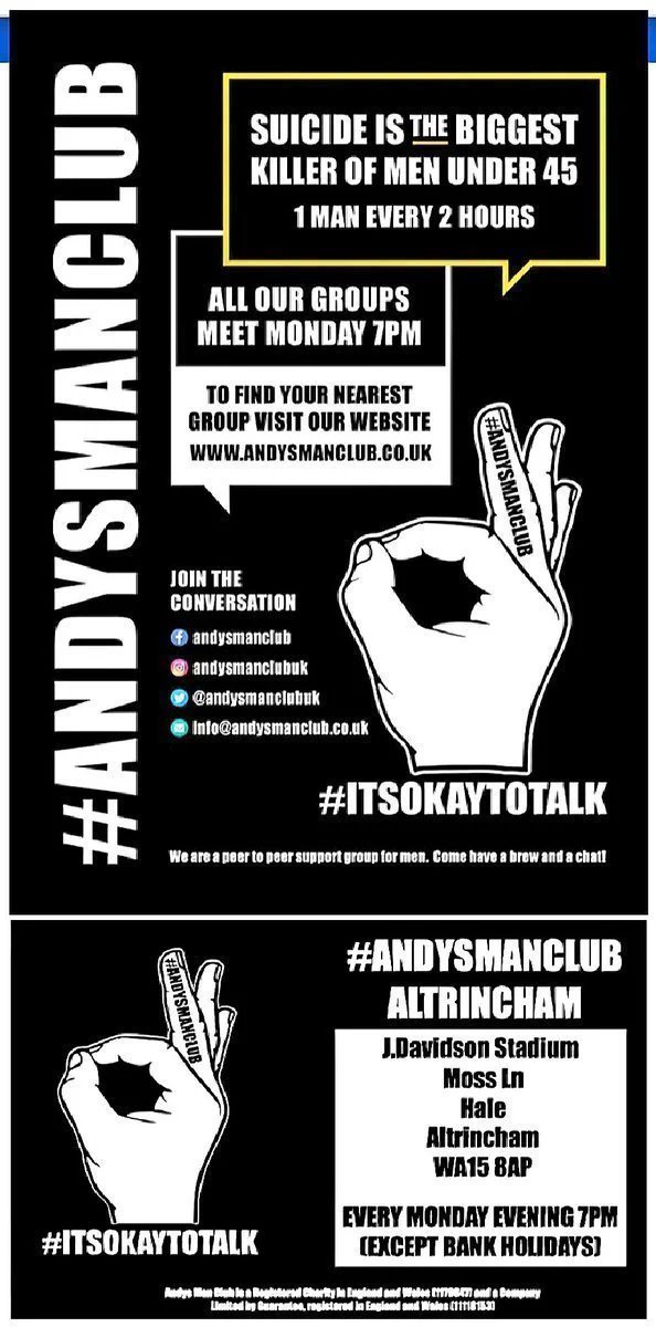 ⚽️⚠️IT'S GOOD TO TALK⚠️⚽️ 

There is always someone to talk to... 

@andysmanclubuk meet at the JDavidson Stadium in Altrincham Mondays 7-9pm

Don't bottle things up... 
It is OK to talk!!!

bit.ly/2YH27Be

andysmanclub.co.uk

mobile.twitter.com/andysmanclubalt

#ITSOKAYTOTALK