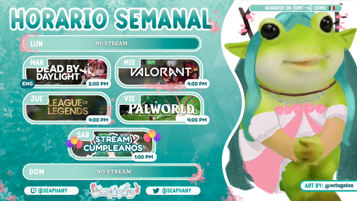 seaphany's tweet photo. 🌷 ¡Horario de Stream! '.
YA ES ESTA SEMANA AAAAAAA, esta semanita tenemos collab en inglés y el stream de CUmpleaños, que emocióoon~~ ( ´͈ ᵕ `͈ )◞♡

🇲🇽 4:00 PM / 🇵🇪 5:00 PM
🇦🇷 7:00 PM / 🇪🇦 11:00 PM

🔔 ꒰ https://t.co/fay7JPPXcd ꒱
🎨: @/octugatsu https://t.co/pSQaFZ3fks