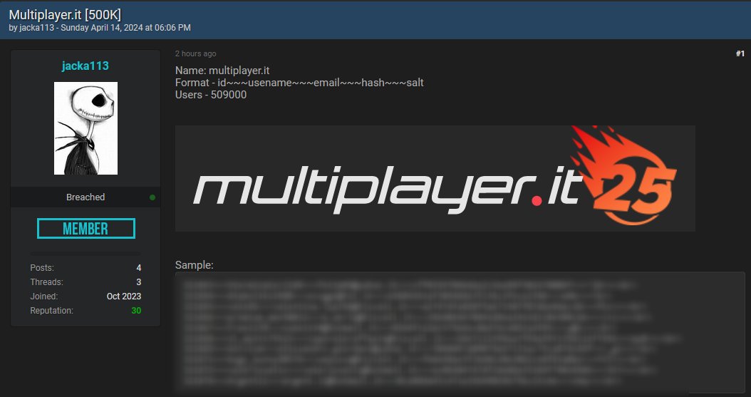 #DataLeak  Alert ⚠️

🇮🇹#Italy: 500K Users' Data of Multiplayer.it Allegedly Leaked on a Hacking Forum

#DataBreach