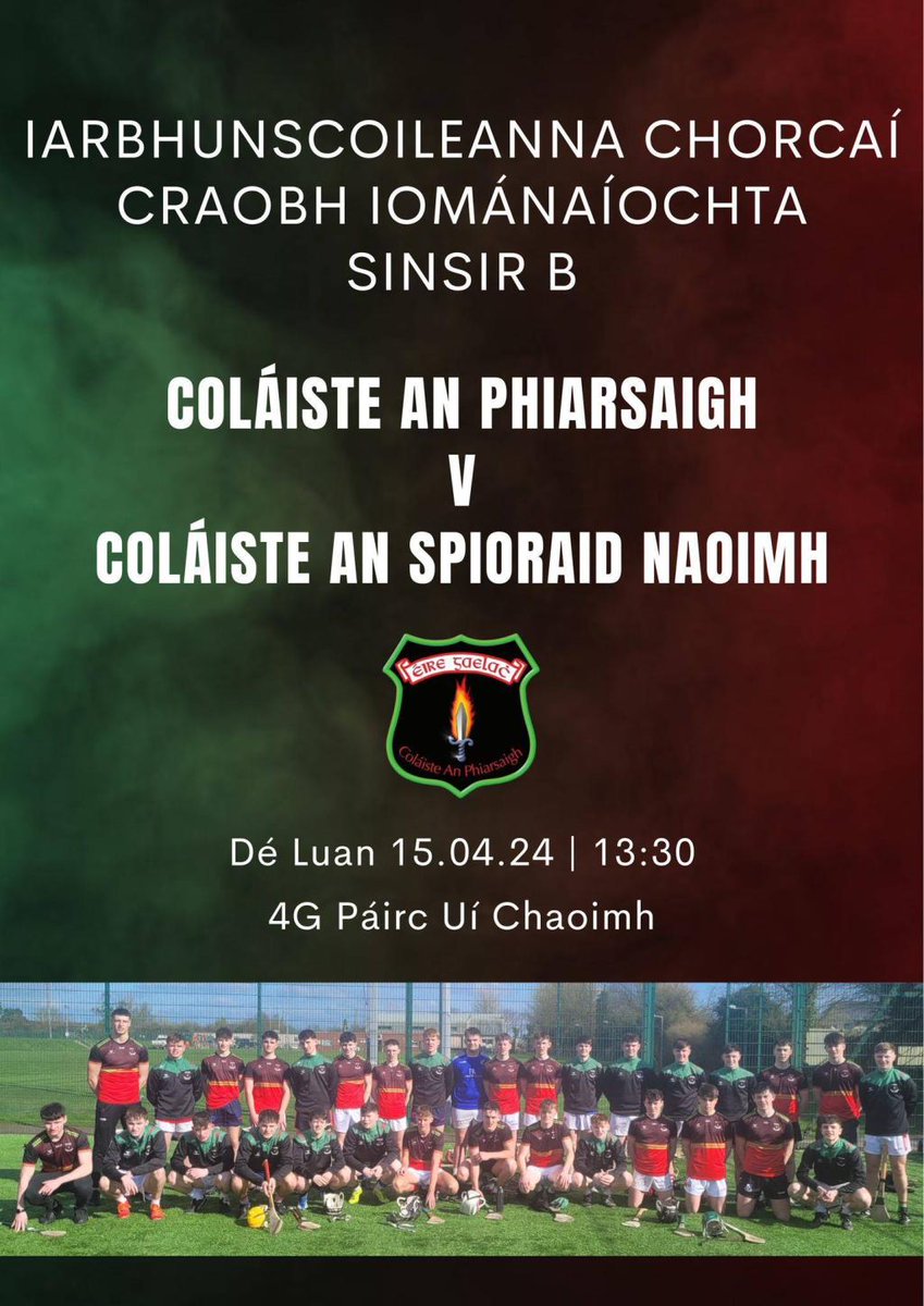 colanphiarsaigh's tweet photo. Codladh amháin fágtha! Beidh na hiománaithe sinsireacha ag imirt i gcraobh Chorcaí ar an 4G i bPáirc Uí Chaoimh. Bígí Linn! Coláiste abú!! https://t.co/389TOEOD7V