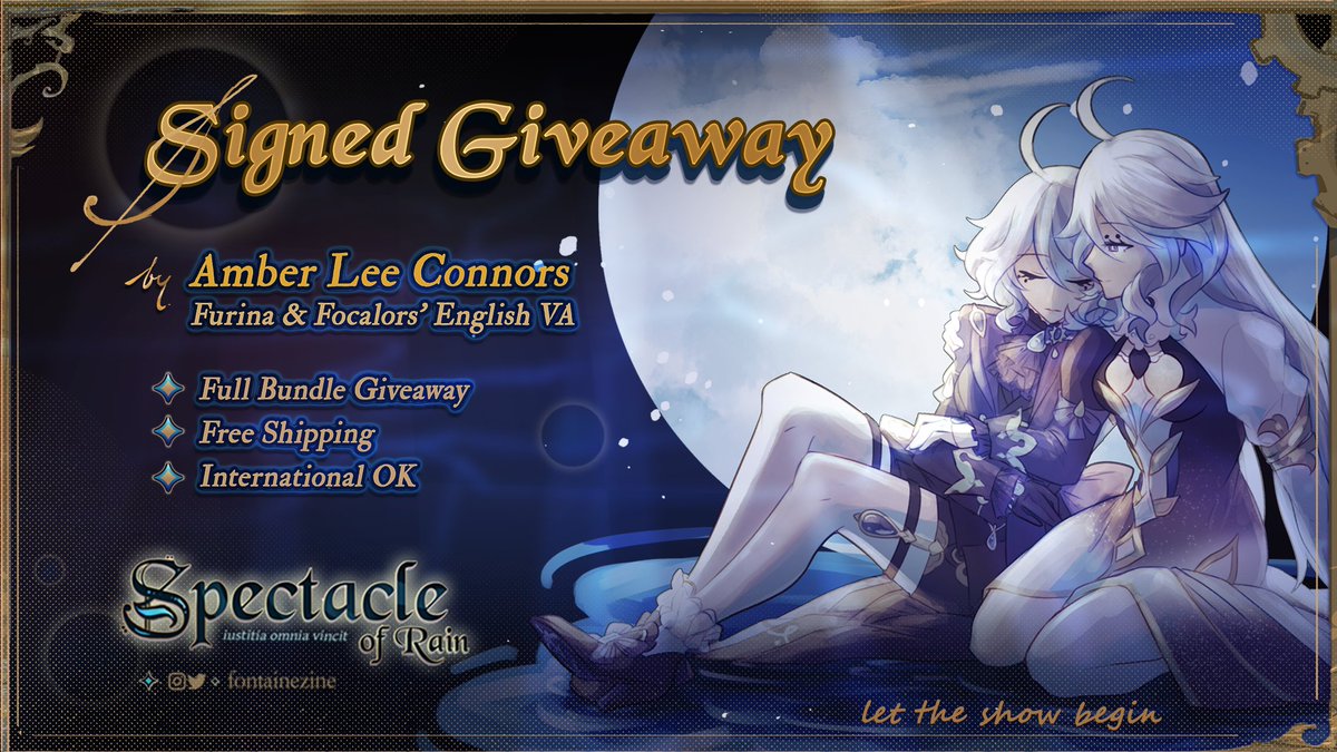 💧GIVEAWAY💧 For the final week of the show, we are offering a FULL BUNDLE (including add-ons) SIGNED by @AmberLeeConnors, the voice of #Furina and #Focalors! Like, repost and follow us to participate 🪄 #Genshin #GenshinImpact #Fontaine