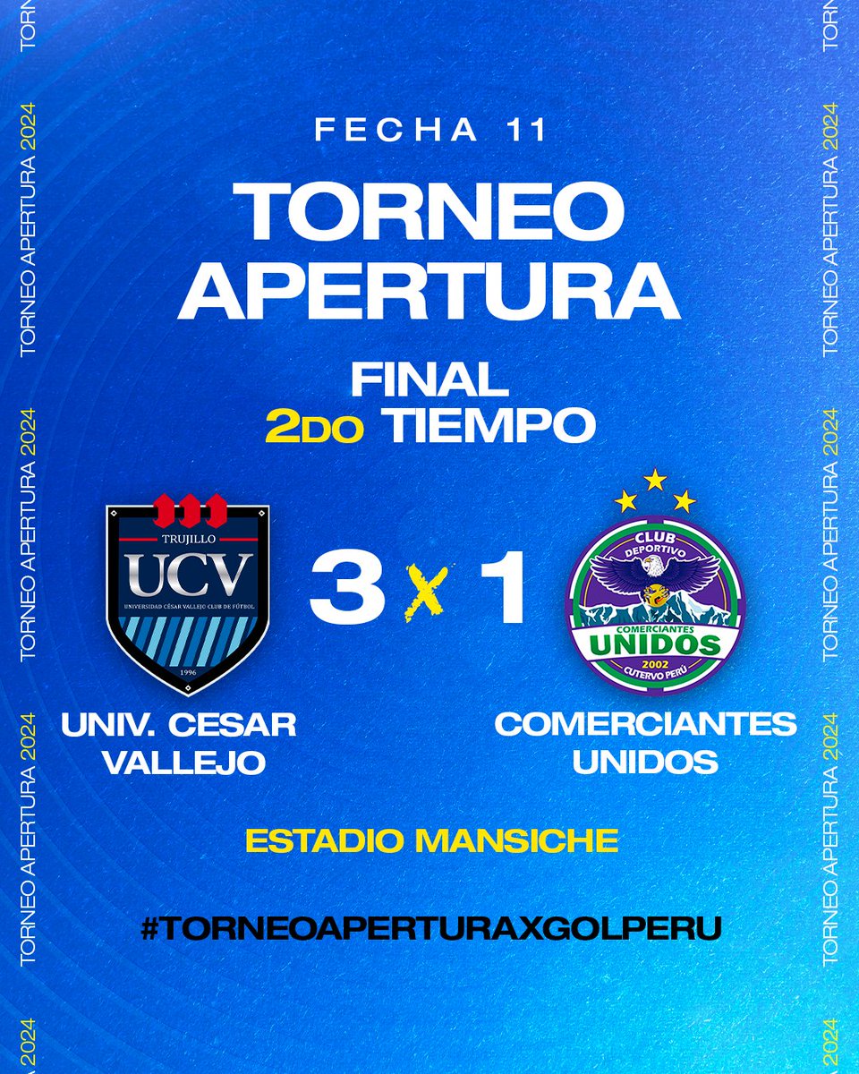 🚨 #ÚLTIMOMINUTO ¡DE VUELTA AL TRIUNFO! Con goles de Paolo Guerrero ⚽️, Yorleys Mena ⚡️ y Jairo Vélez 🔥, @clubucv 🔵🟠 venció 3-1 a @ClubComUnidos 🟣 por la fecha 1️⃣1️⃣ del #TorneoAperturaXGOLPERU 🏆🇵🇪. Guillermo Salas 🧠 consiguió su primer triunfo al mando de los 'Poetas'.