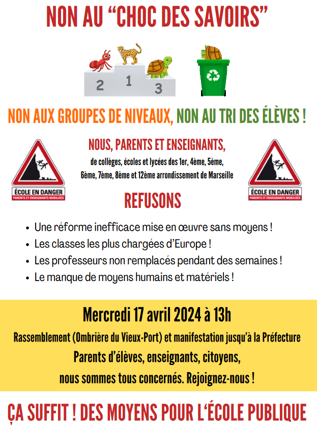 ✅ La FCPE 13 appelle tous les parents à se joindre au rassemblement mercredi 17 avril 2024 à 13h prévu à sous l'Ombrière du Vieux-Port et manifestation jusqu’à la Préfecture.