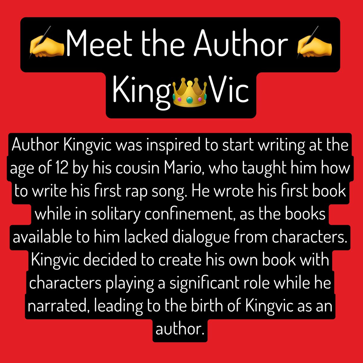 #KingVic #MeetTheAuthor #InmateAuthor #PrisonWriter #BehindBarsBook #CellBlockAuthor #IncarceratedAuthor #PrisonLit #LockedUpLiterature #BarsAndBooks