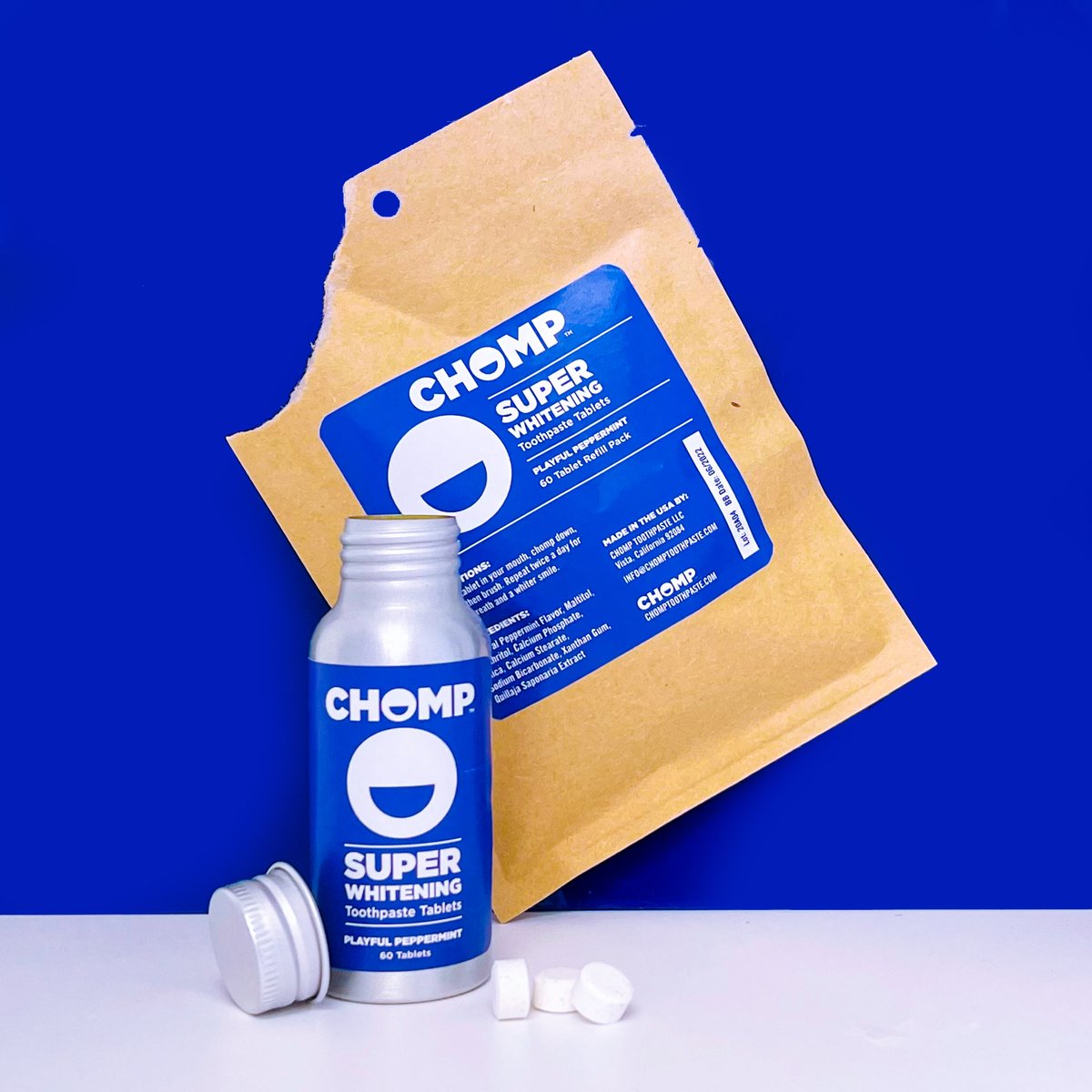 Refillable bottle paired with Chomp refills......amazing for you and the planet to reduce plastic waste. Super whitening tablets for a brilliant smile and fresh breath. Go check out chomptoothpaste.com today. #refill #toothpaste #toothpastetabs #toothpastetablets #teethwh ...