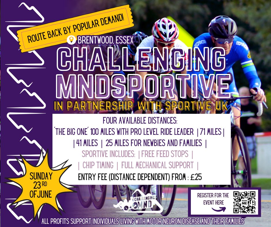 The Challenging MND Sportive, in partnership with @sportive_uk , is back by popular demand! 🚲The ride starts at the Brentwood Centre on Sunday the 23rd of June. Don´t miss out on your chance to purchase your entrances! To register for the event ➡ riderhq.com/events/p/f5on1… #mnd