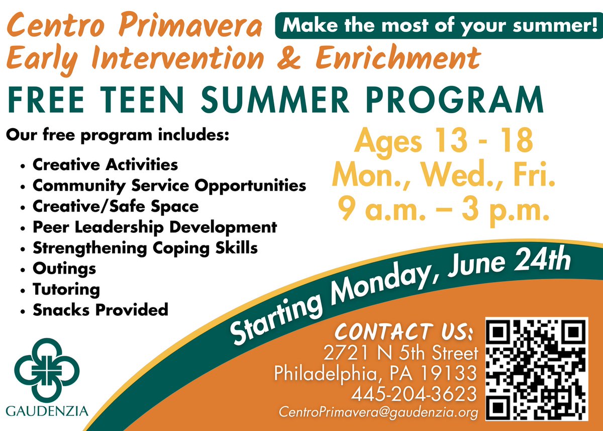Gaudenzia's tweet image. Unleash your teen's potential this summer with #CentroPrimavera's Free Teen Program in Philadelphia! Packed with educational, community, and recreational activities. Limited slots for 13-18 yr olds Learn more here👉  gaudenzia.org/event/centro-p… #FreeSummerProgram