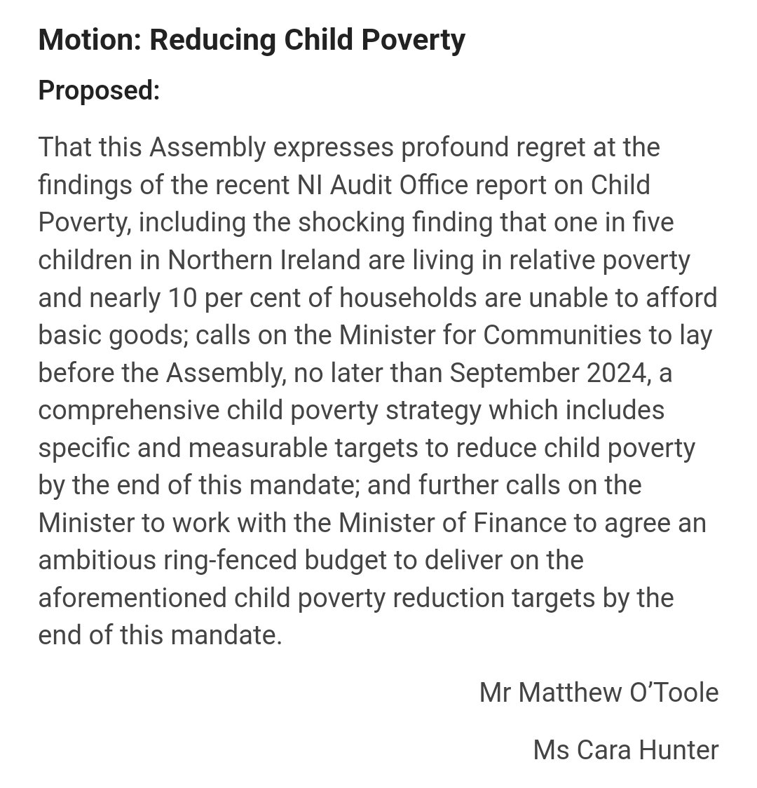 Our first proposal, debated tomorrow, is for a binding Exec target to reduce child poverty by the end of this Assembly mandate.

This couldn't be more pressing with the recent NI Audit Office report highlighting one in five NI kids living in poverty.

So how do we go about this?