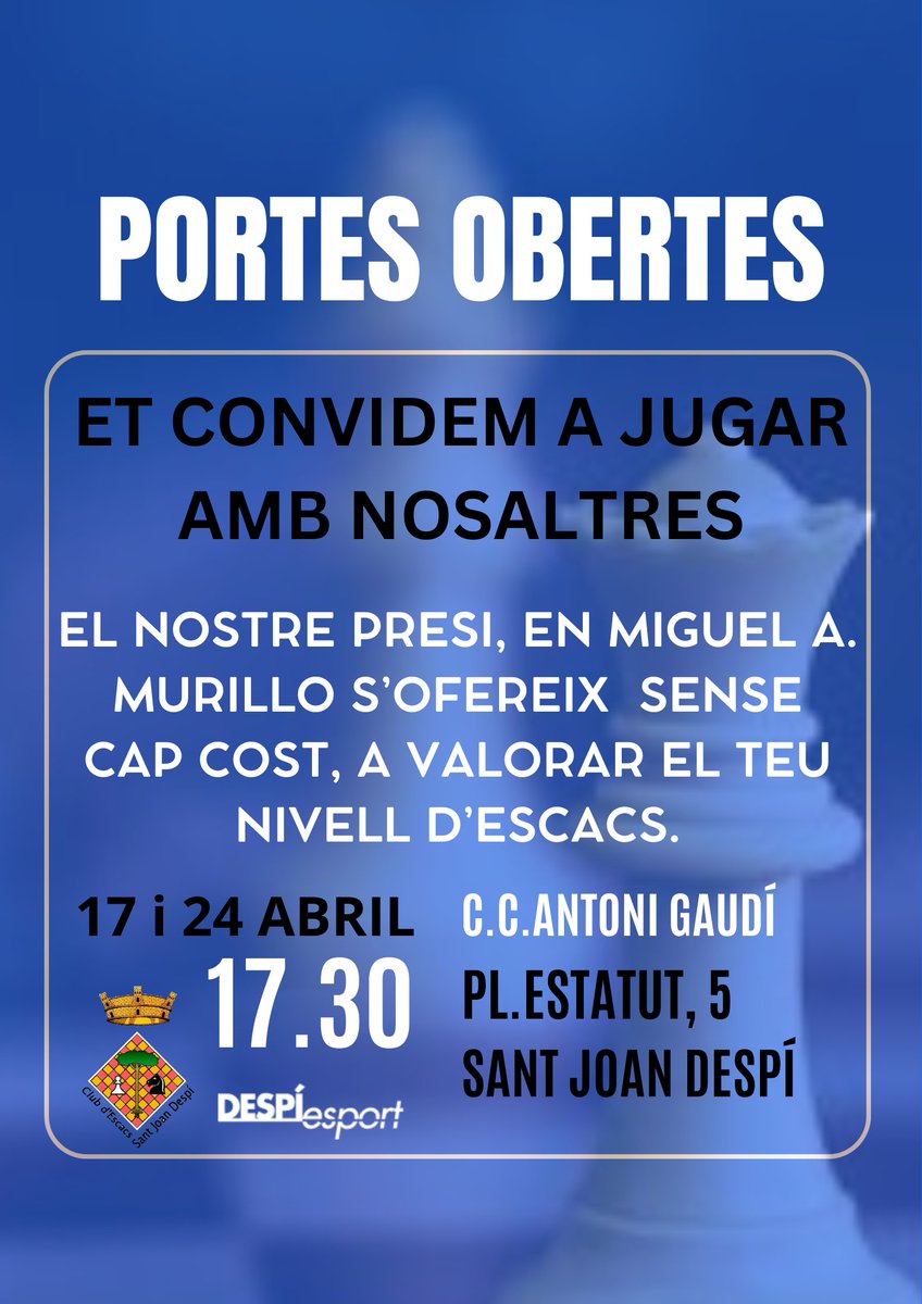 Seguim amb les promos🤩

Us convidem el 17 i 24 d'abril, a les 17.30 per jugar a #escacs,  i com a novetat, el nostre president de l'entitat, en Miguel A. Murillo  us farà sense cap cost una valoració del vostre nivell escaquista.

NO cal inscripció.
<a href="/DESPIesport/">DESPÍesport</a>