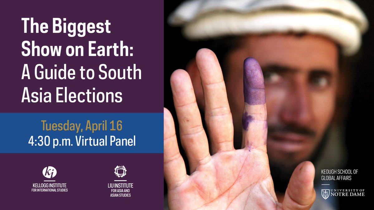 What will 2024 -- a big year for elections across South Asia -- mean for the future of democracy? Join our @KelloggInst and Liu Institute on 4/16. Hear from experts including Keough School faculty @MairaHayat, @julia_kowalski_, and Susan Ostermann. go.nd.edu/df39df