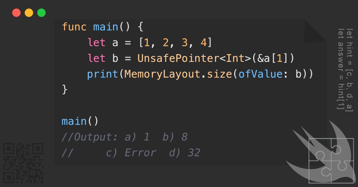 GregCoolShade's tweet image. 🧠 Swift Puzzle of the Day: Dive into the depths of Swift's memory with this pointer puzzle! 🕵️♂️ Can you guess what size this pointer reveals when you run the code? Share your guess below! #SwiftCoding #MemoryMystery
