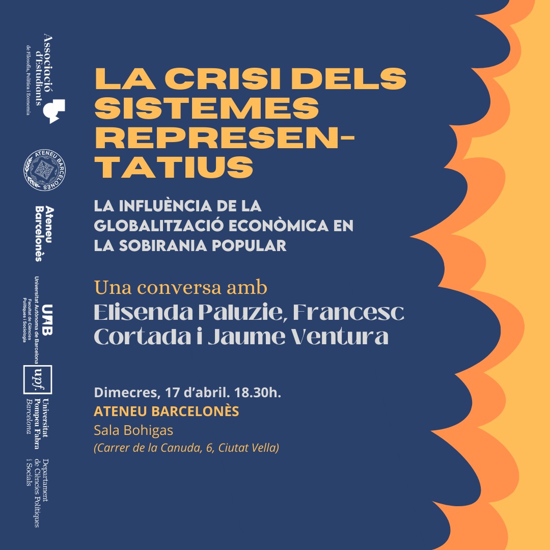 👇El dimecres 17 d'abril parlarem de globalització econòmica i democràcies en la taula 'La crisi dels sistemes representatius: La influència de la globalització econòmica en la sobirania popular'

🤝 En col·laboració amb @ciclededialegs #Repensantlescrisis

📍Sala Bohigas, 18:30h