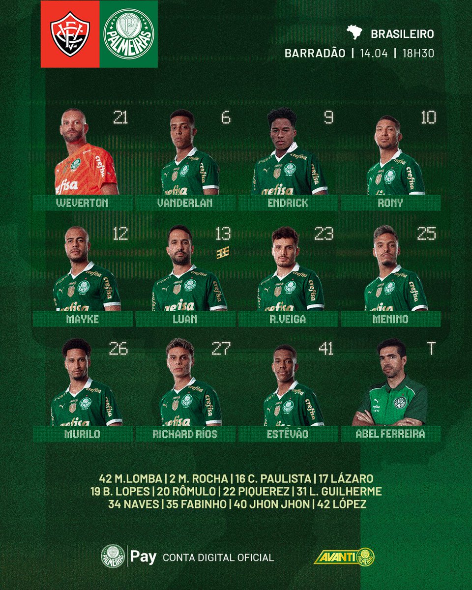 O squad da estreia! Estamos escalados para os primeiros 90 minutos de @Brasileirao 2024 🫡💚

#AvantiPalestra #VITxPAL
#JuntosNoBrasileirão