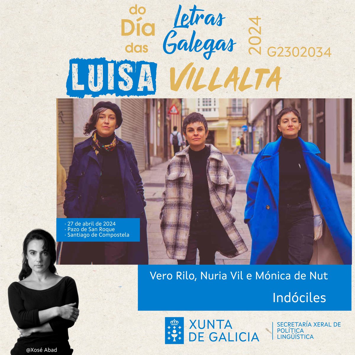 ✅ Xornada do Día das Letras Galegas 👁️‍🗨️Fprofe G2302034 🗓️ 27 de abril 🏚️Salón de actos do Pazo de San Roque - Santiago de Compostela 💪 @SXPL 👀 Vero Rilo, Nuria Vil e Mónica de Nut ‘Indóciles’ #DíaDasLetrasGalegas #LuísaVillalta