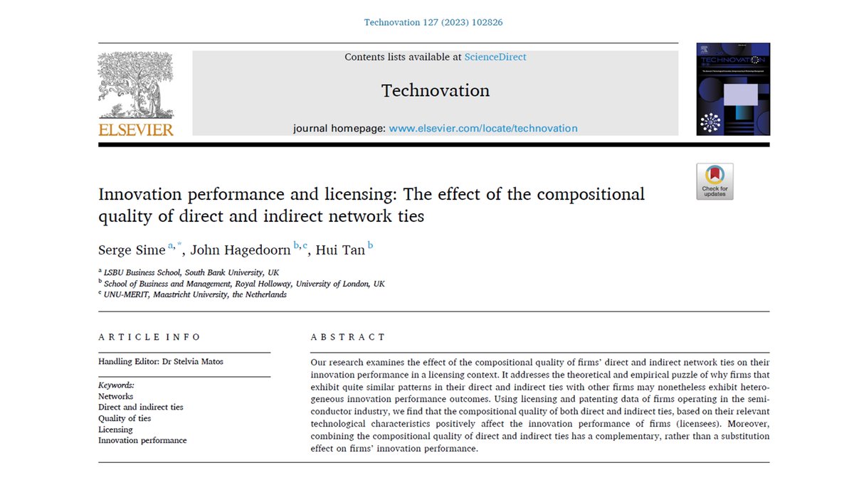 What is the effect of the compositional quality of firms’ direct and indirect network ties on their innovation performance in a licensing context? 🤔 New study in @Technovation_J!👏 The full article 👇 doi.org/10.1016/j.tech… #Networks #DirectTies #IndirectTies #QualityTies