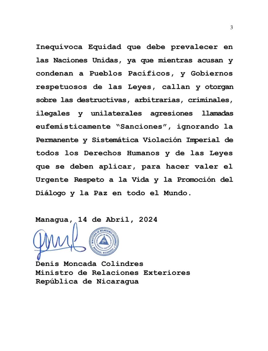 🇳🇮 Pronunciamiento del Gobierno de #Nicaragua sobre los crimines de lesa humanidad del Gobierno de #Israel, sobre el pueblo Palestino, y su vez hacen un llamado a la @ONU_es para que deje de ser cómplice ante tales hechos y tome un postura beligerante para salvaguardar el más…