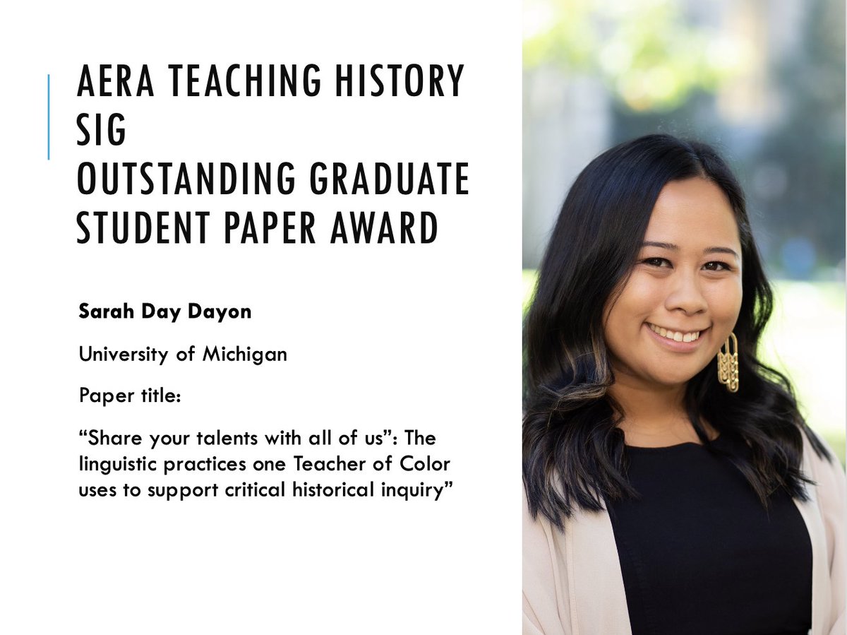 Congratulations to @SarahDayDayon! Sarah is the recipient of this year's Teaching History SIG Outstanding Graduate Student Paper Award!