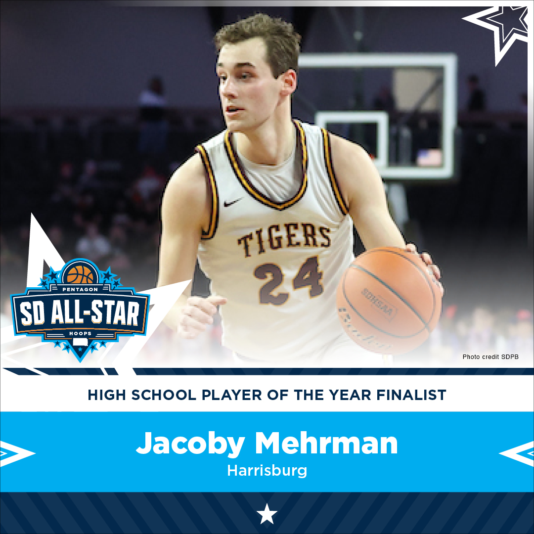 First nominee for ⭐ SD All-Star ⭐ boys player of the year: @JacobyMehrman, a 6-foot-4 guard with @HarrisburgBBB. Jacoby was selected the 2024 Class AA boys player of the year & led a successful career with the Tigers. He'll play hoops with @USFCougarsMBB. #SanfordSports
