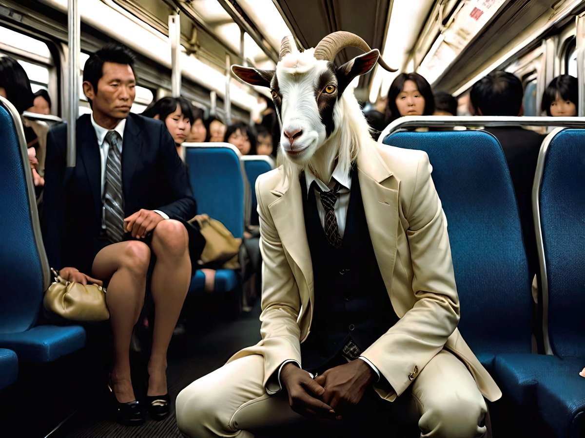 xalieri's tweet photo. GOAT, commuter edition. 1 of 3
#Training #RollingStock #LiminalTime #PackedLikeLivestock #IComeHereForTheSmell #WeirdArt #PsychologicalLandscape #ImSureItMustMeanSomething
#DarkArts #DigitalArt #AIAssistedArt #AIArt #WomboDream #StableDiffusion https://t.co/jcMRk85zk7