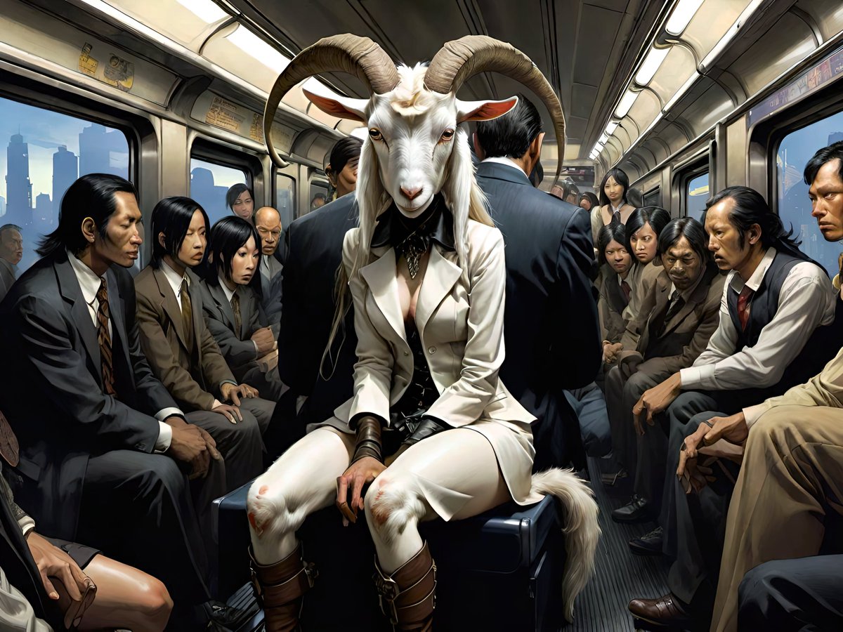 xalieri's tweet photo. GOAT, commuter edition. 2 of 3
#Training #RollingStock #LiminalTime #PackedLikeLivestock #IComeHereForTheSmell #WeirdArt #PsychologicalLandscape #ImSureItMustMeanSomething
#DarkArts #DigitalArt #AIAssistedArt #AIArt #WomboDream #StableDiffusion https://t.co/maQQbnZ6lM