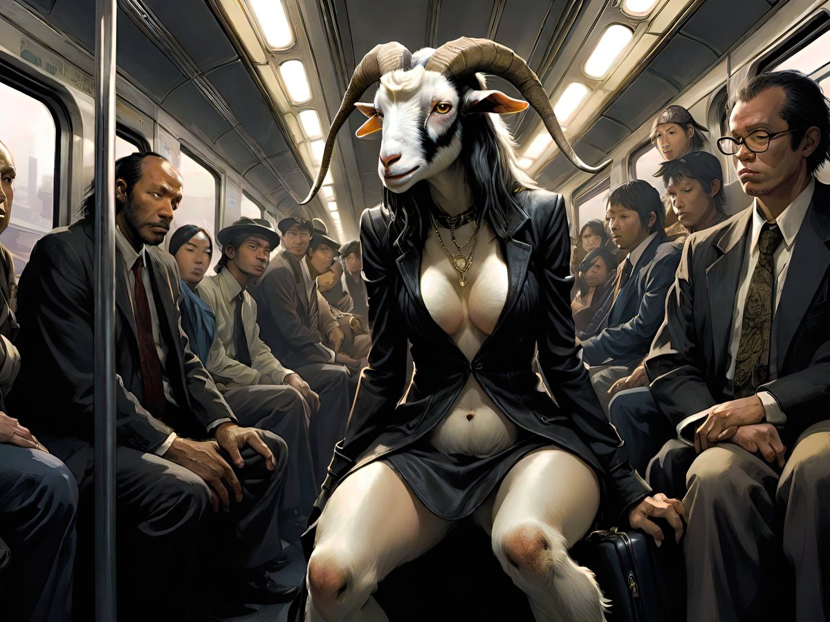 xalieri's tweet photo. GOAT, commuter edition. 2 of 3
#Training #RollingStock #LiminalTime #PackedLikeLivestock #IComeHereForTheSmell #WeirdArt #PsychologicalLandscape #ImSureItMustMeanSomething
#DarkArts #DigitalArt #AIAssistedArt #AIArt #WomboDream #StableDiffusion https://t.co/maQQbnZ6lM