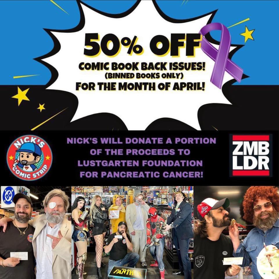 Last year, @ComicNicks,
Danvers, MA, donated $3,700+ from their 50% Off Black Bin Back Issue Sale to @lustgartenfdn.  Let’s help them SMASH that record right now!💜@SU2C  @dosomething @theCHIVE #ma #Massachusetts #cosplay #comics #pancreaticcancer #danversma #comics #shoplocal