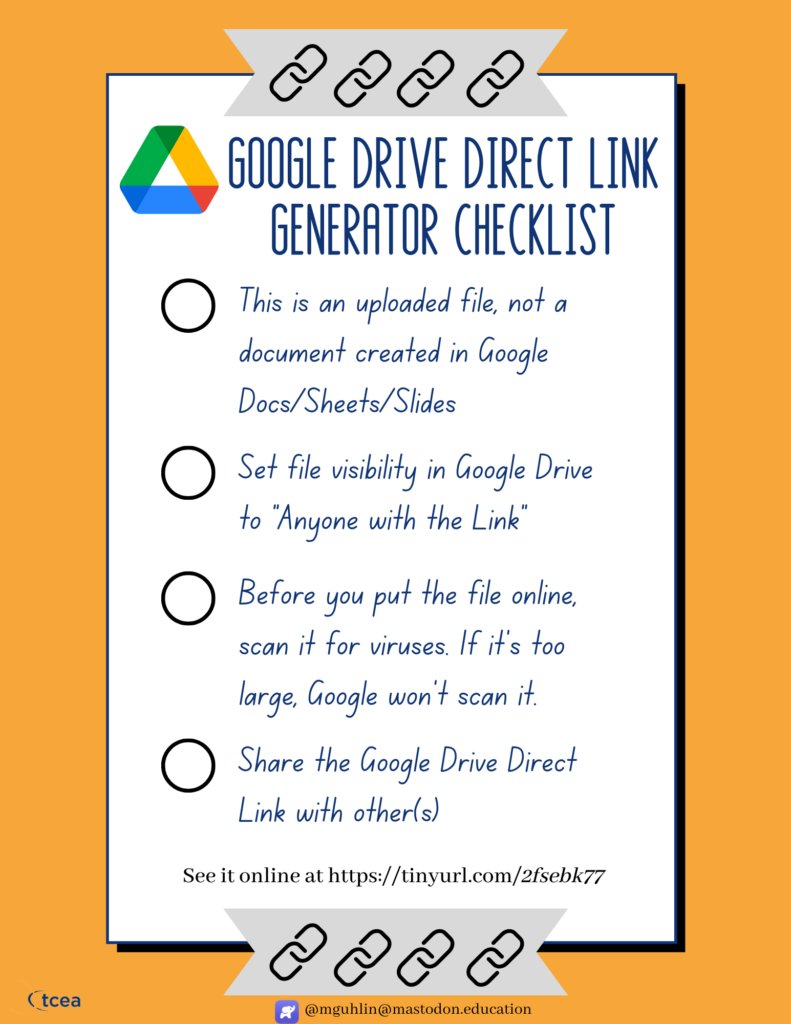 With Google Drive Direct Link Generator, generate a direct download link to share files you have stored in Google Drive.

sbee.link/fnu8b9x7ec  @tceajmg
#googleteacher #edtech #techtips