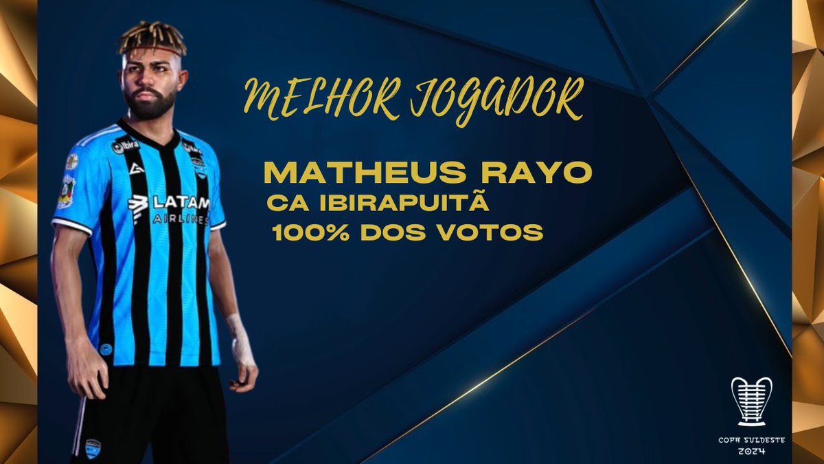 🏆 @CopaSulDeste 2024 Awards 🏆

O MELHOR JOGADOR DA COPA SULDESTE 2024 É:
<a href="/mrayooo/">Rayo ⚡⚡⚡</a> DO <a href="/caibirapuita/">Clube Atlético Ibirapuitã</a> !

#CopaSuldesteAwards