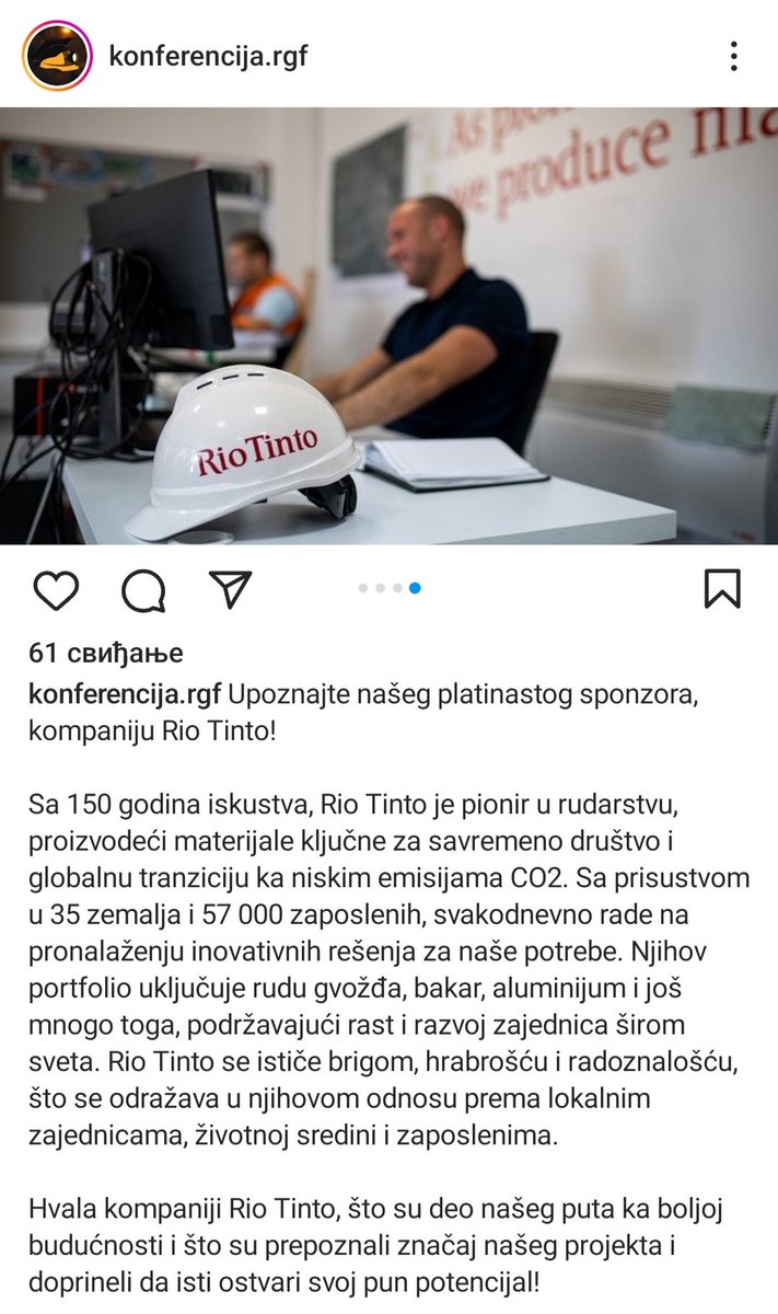 Rio Tinto je 'platinasti sponzor' seminara Rudarsko geološkog fakulteta! Kakva stamota! Za Srbiju je korisnije da se ugase na par godina.