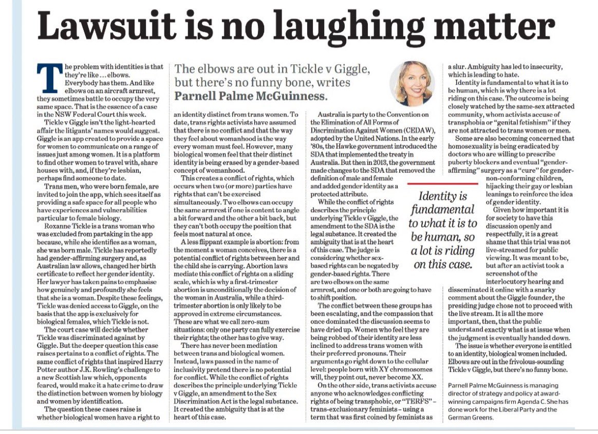 “While the conflict of rights describes the principles underlying Tickle v Giggle, an amendment to the sex discrimination act is the legal substance. It created the ambiguity that is at the heart of the case.”