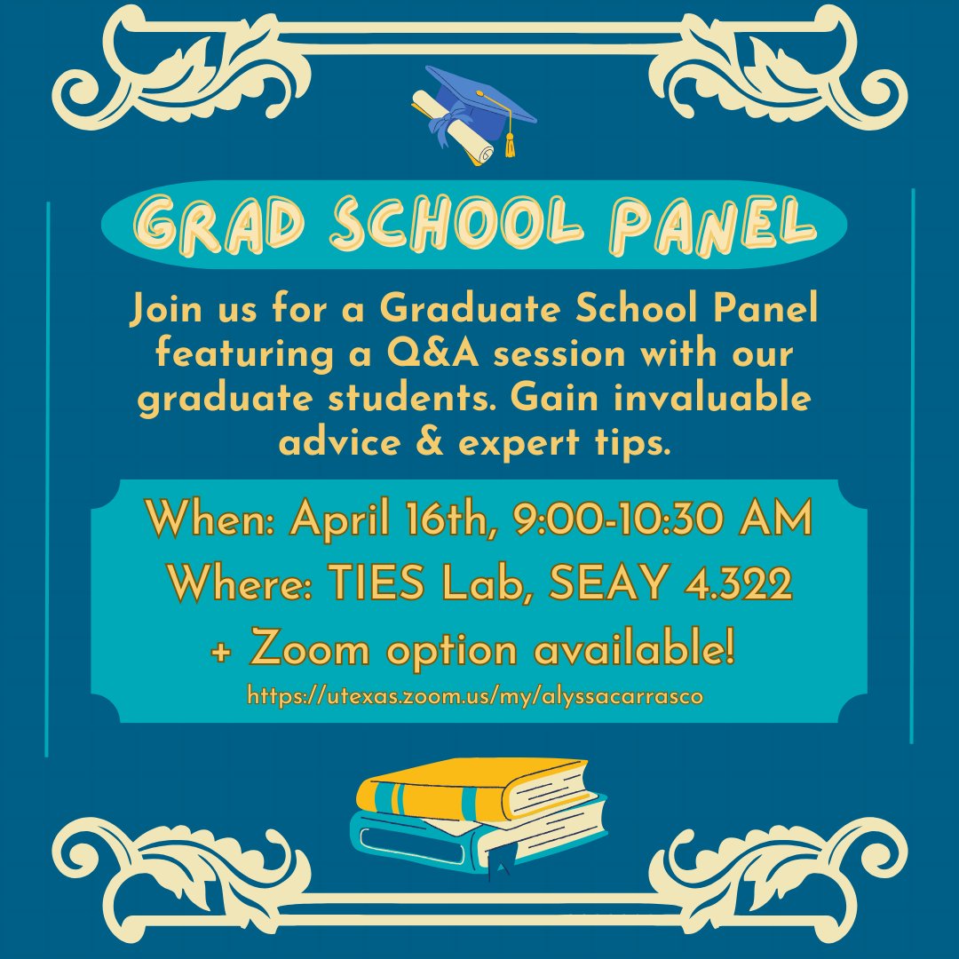 Elevate your academic journey with insights from our grad school panel! 🎓Dive into a Q&amp;A session led by our graduate students, offering invaluable advice and expert insights. 🌟 Mark your calendars for April 16th. Can't make it in person? We've got a Zoom option available too!