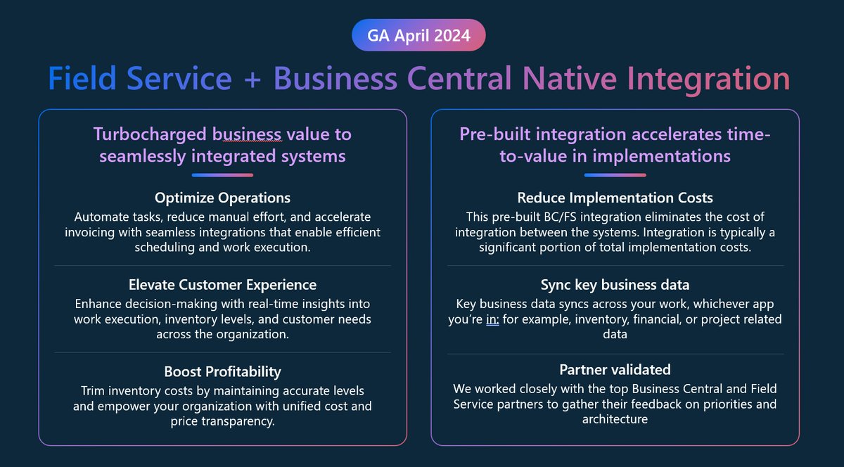 Just released 🎉 Business Central integration with Dynamics 365 Field Service can help you streamline service operations, improve financial management and increase operations efficiency of your service operations. #MSDyn365BC #DirectionsNA2024