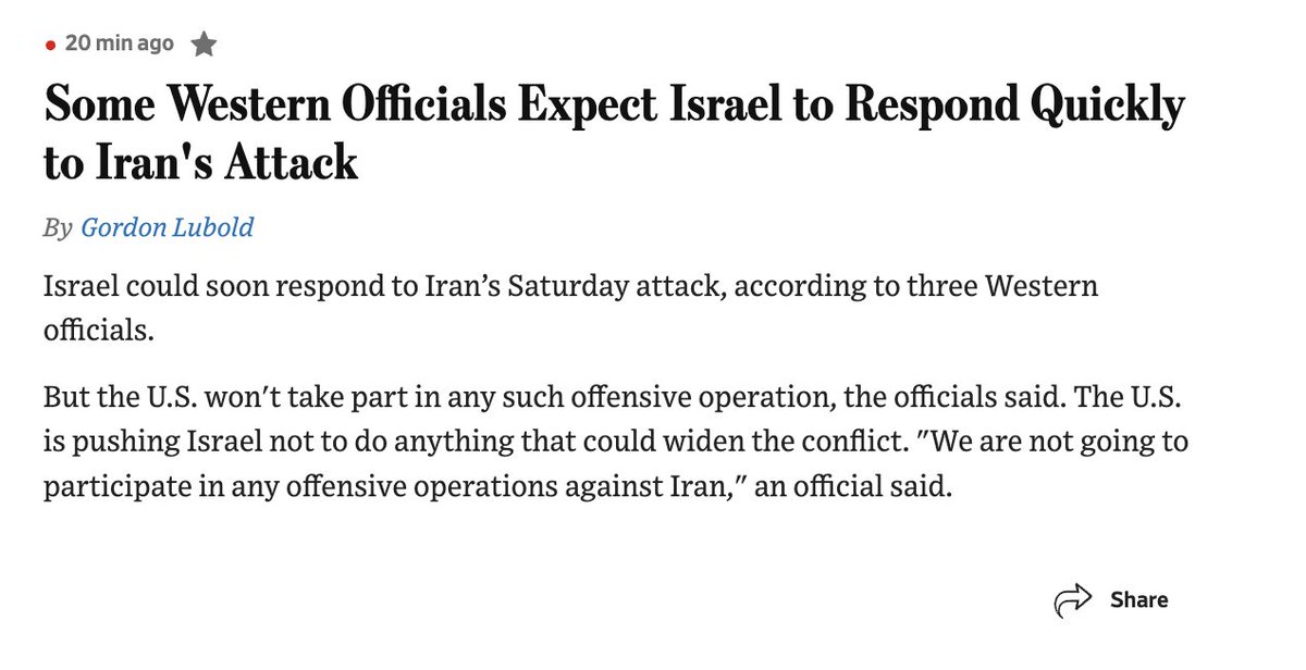 #BREAKING: WSJ reports, citing three Western officials, that #Israel is expected to soon respond to #Iran’s regime's attack on Saturday.