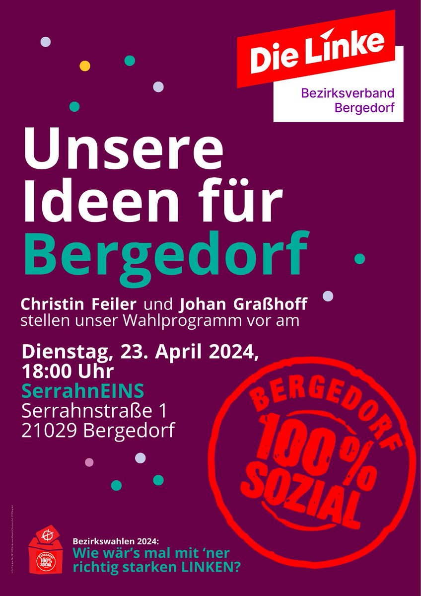 #DieLinke Bergedorf stellt ihr Wahlprogramm vor: 📆 23.04 ⏰ 18Uhr 📍Serrahn1 Kommt vorbei, stellt Fragen, diskutiert und trink was leckeres mit uns. #Bergedorf100ProzentSozial