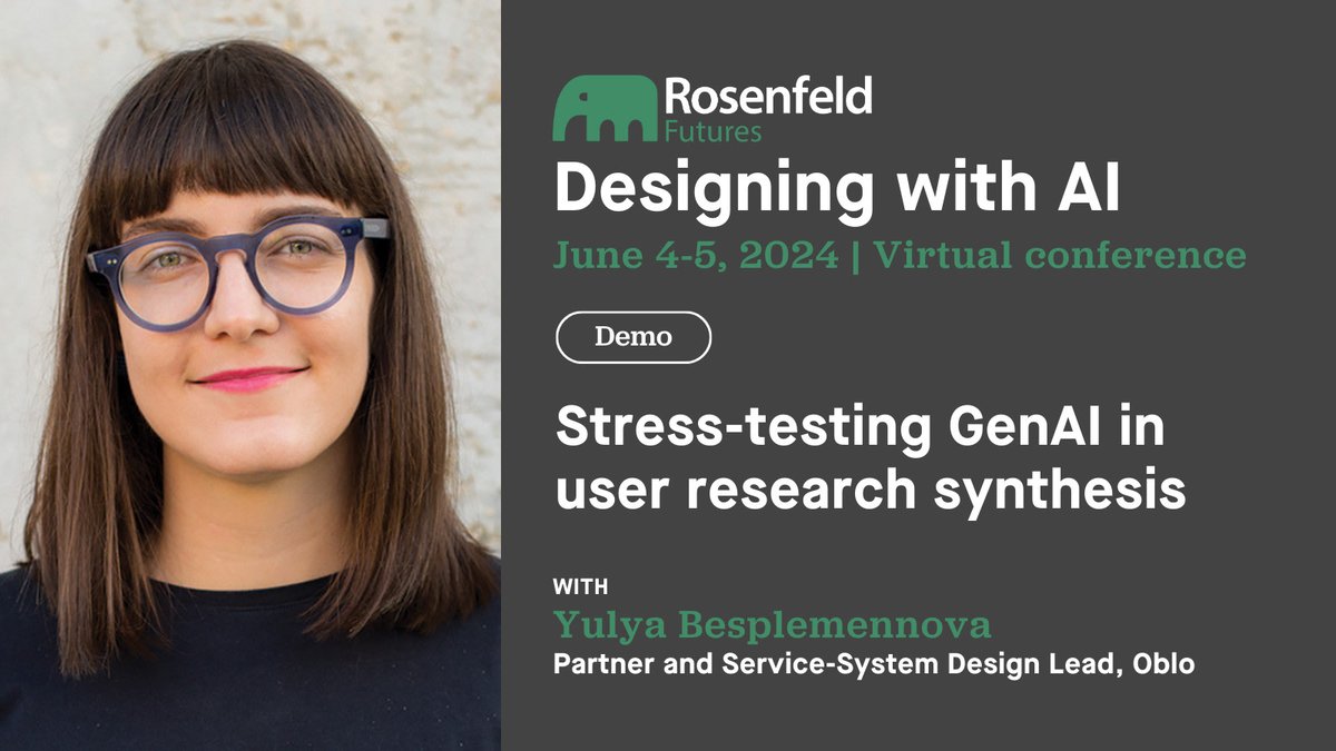At #DWAI2024, we'll reflect on the potential and pitfalls of using AI in accelerated user research, from practical aspects to more philosophical considerations on potential changes to the research process. Learn more about Yulya Besplemennova's demo here: rosenfeldmedia.com/events/futures…