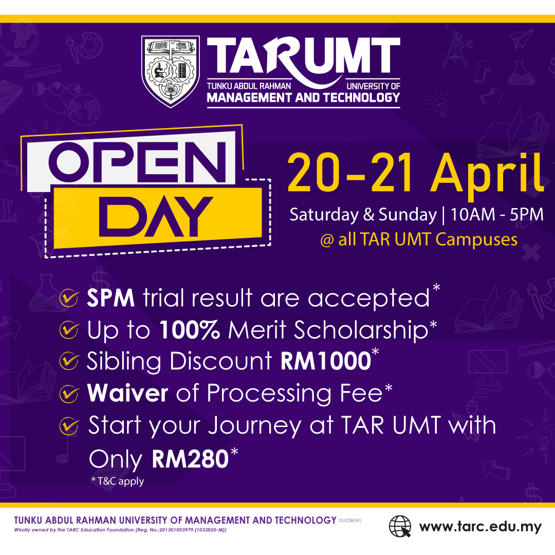 📢TAR UMT APRIL OPEN DAY📢

TAR UMT's next round of Open Day will be happening next week on the 20 & 21 April

Mark your calendars and we'll see you there!
#beyondeducation #tarumt #application #campus #intakes