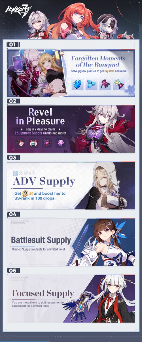 ☆☆ Weekly Event Updates ☆☆ From APR 15, jigsaw puzzle event is available. From APR 18, login event is available. From APR 19, various Supply events will be available for a limited time! Stay tuned! ※ Please follow our announcements for further details. #HonkaiImpact3rd