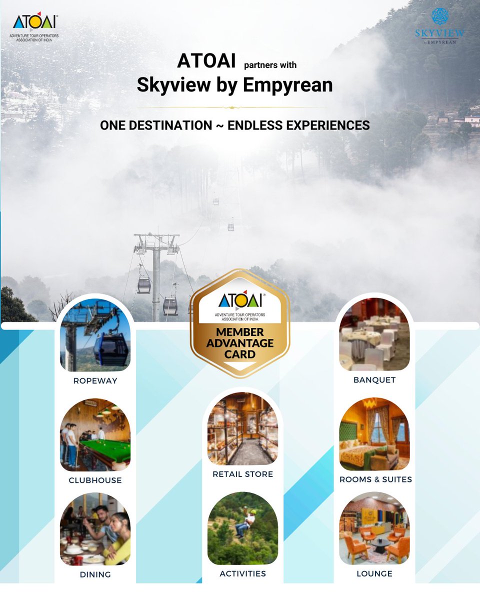 We are thrilled to announce our partnership with Skyview by Empyean under the ATOAI Member Advantage Card. #ATOAIexplore #MembersAdvantageCard #AdventureAwaits #SkyviewEmpyrean #OutdoorAdventures #EmpyreanHospitality #SangetValley #Patnitop #HimalayanRetreat #AdventureTravel