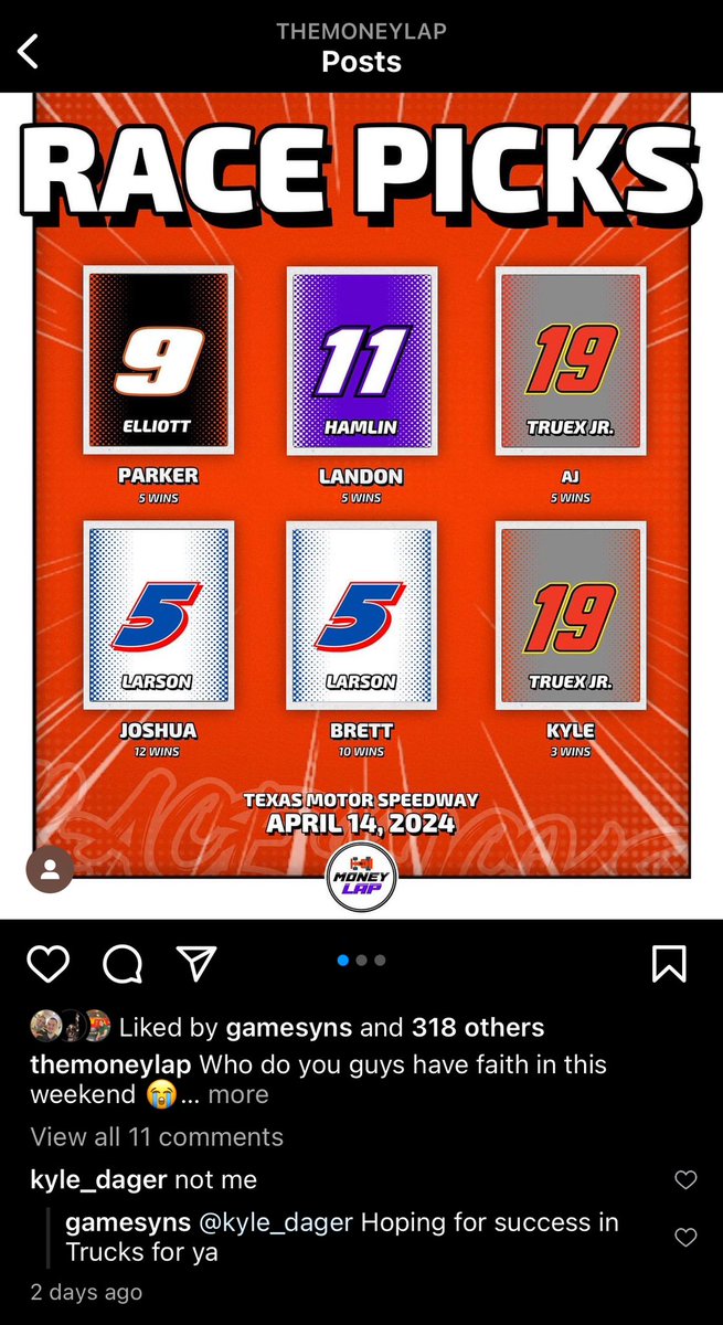 Picked it two days ago. Well done @chaseelliott 👏 Our podcast linktr.ee/themoneylap