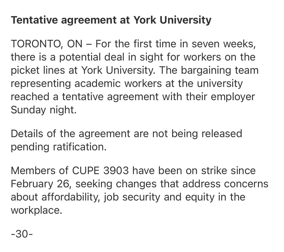 Ahmad Elbayoumi (@ahmadelbayoumi) on Twitter photo BREAKING: <a href="/CUPEOntario/">CUPE Ontario</a> says <a href="/YorkUniversity/">York University</a>’s academic workers have reached a tentative deal with the university that could end the seven week strike on campus — with the result of a ratification vote set to be released by the end of the week.
Here’s the full statement: BREAKING: <a href="/CUPEOntario/">CUPE Ontario</a> says <a href="/YorkUniversity/">York University</a>’s academic workers have reached a tentative deal with the university that could end the seven week strike on campus — with the result of a ratification vote set to be released by the end of the week.
Here’s the full statement: