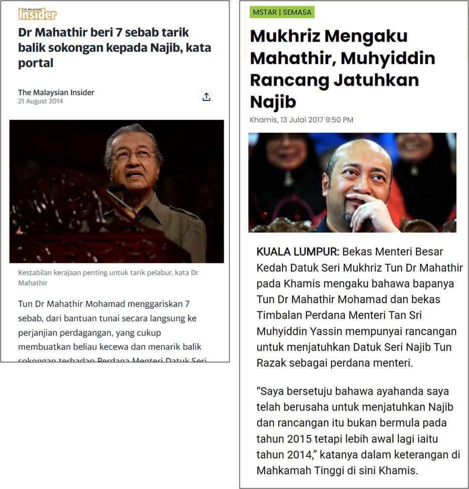Selepas PRU14, Najib pernah menjelaskan dengan terperinci kenapa hubungan dia dengan Mahathri putus dan Atok menjadi sangat benci pada Najib.

Antara sebabnya ialah:
1. Najib tak mahu ikut 'nasihat' Mahathir tentang beberapa dasar yang Najib mahu laksanakan seperti dasar BR1M &…