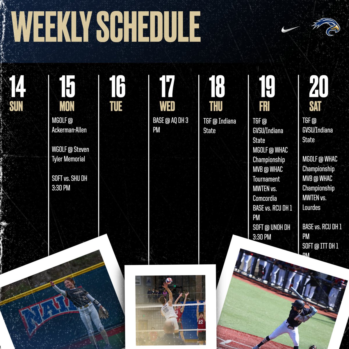 Take a look at what's coming up for the week!

Baseball and Softball highlight the home events.

Men's Golf and Men's Volleyball compete in the WHAC Tournament with Track and both Tennis in action.

#TogetherweSOAR