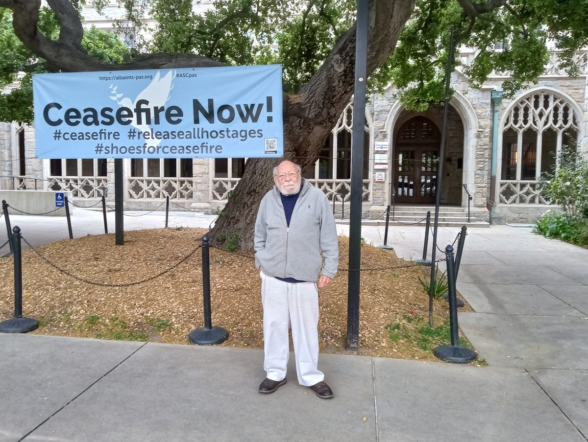 Film director Maurice Jacobsen standing in front of All Saints Episcopal Church where the team shared the film We All Live in Gaza today along with a reproduction of arguably the most powerful work of art by Gazan artist Malak Mattar.